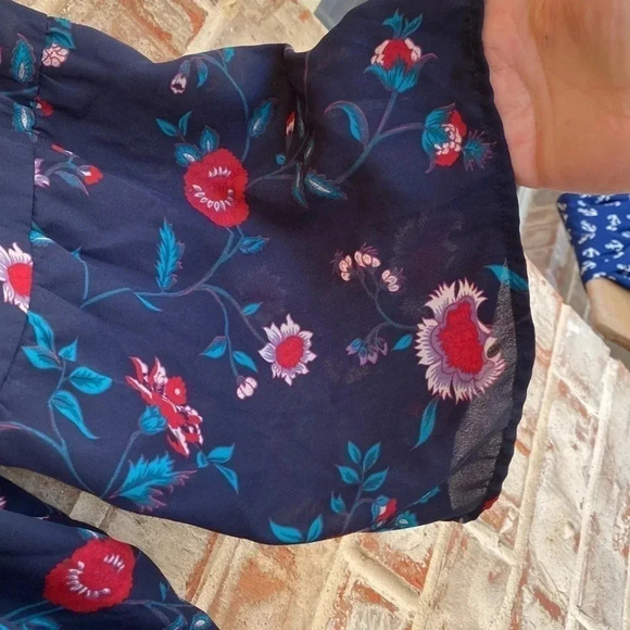 Faded Glory Navy Floral Peasant Lace Up Boho Blouse - Picture 4 of 9